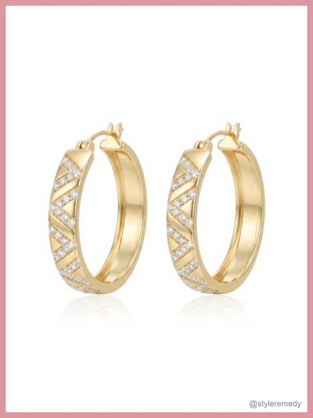 14K Gold Plated CZ V-Shape Hoop Earrings 25mm Chunky Huggie